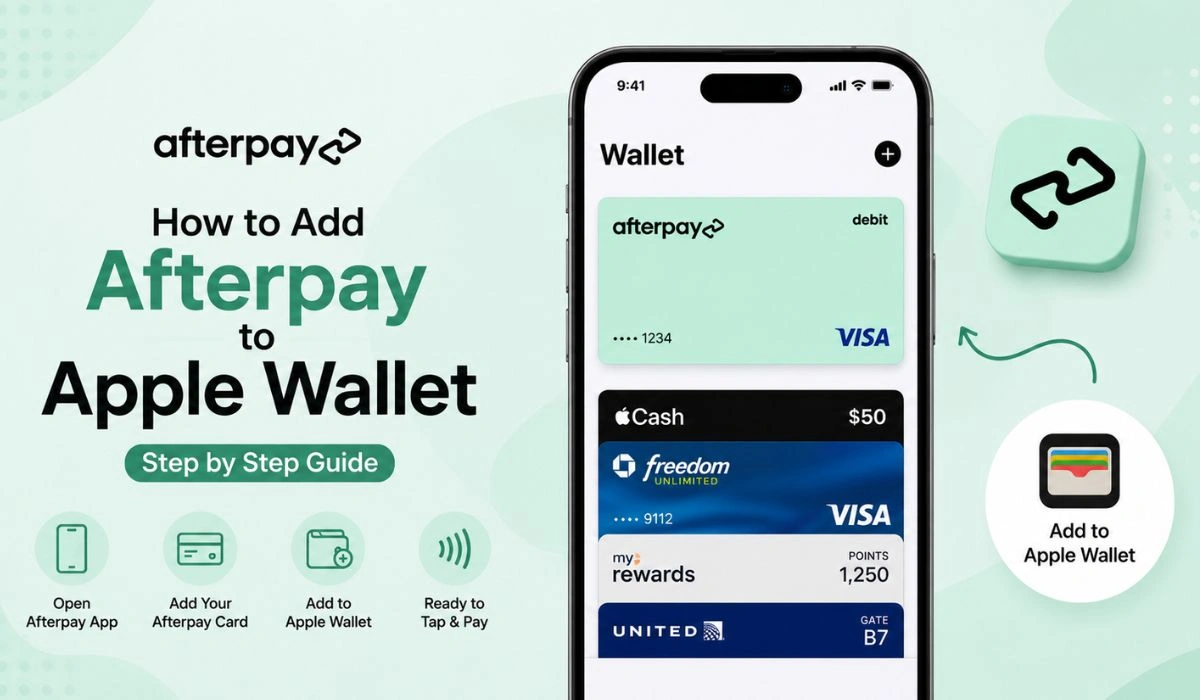 How to add Afterpay to Apple Wallet step by step with iPhone wallet screen and digital Afterpay card setup