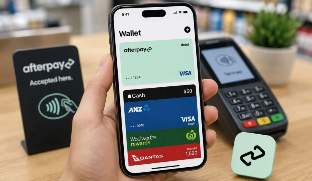 iPhone showing Afterpay card added to Apple Wallet beside a contactless payment terminal for in-store tap to pay setup