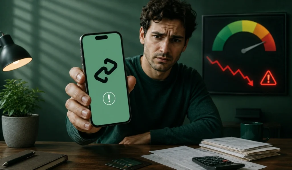 Worried man showing Afterpay warning screen on smartphone with financial risk and debt visuals