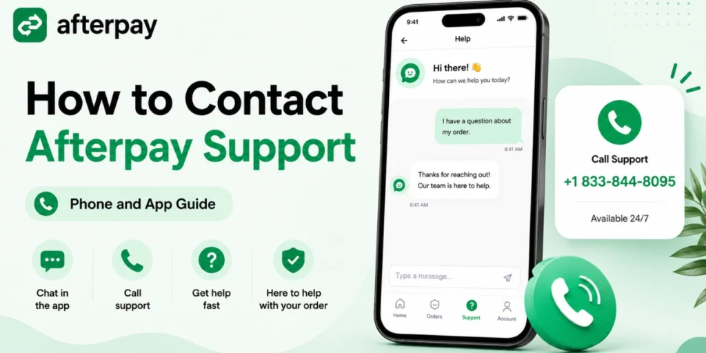 Afterpay support guide image with app chat screen, call support card, and green contact icons for phone and app help.