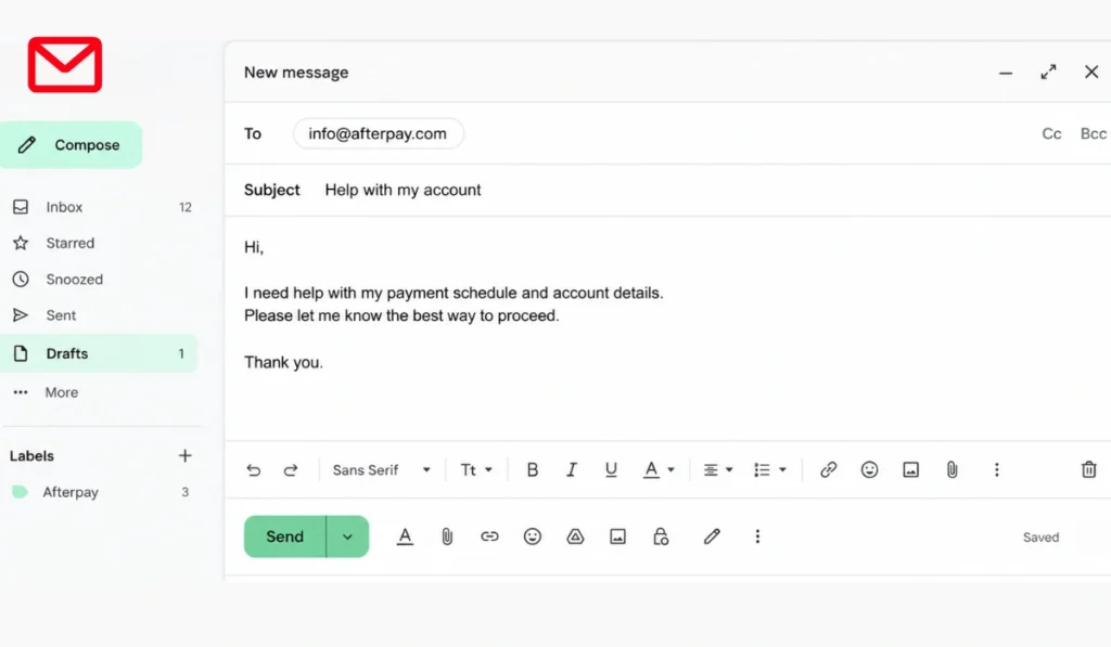 Draft email to Afterpay showing info@afterpay.com in the recipient field and a short customer support message.