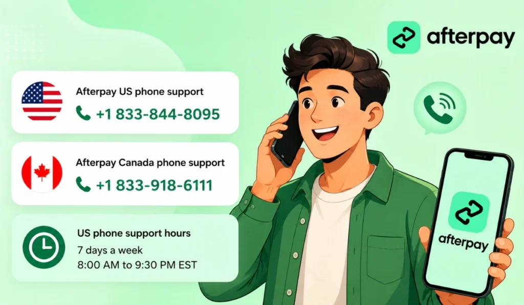 illustration showing a cartoon man calling Afterpay support, showing US and Canada phone numbers, support hours, and Afterpay app screen.