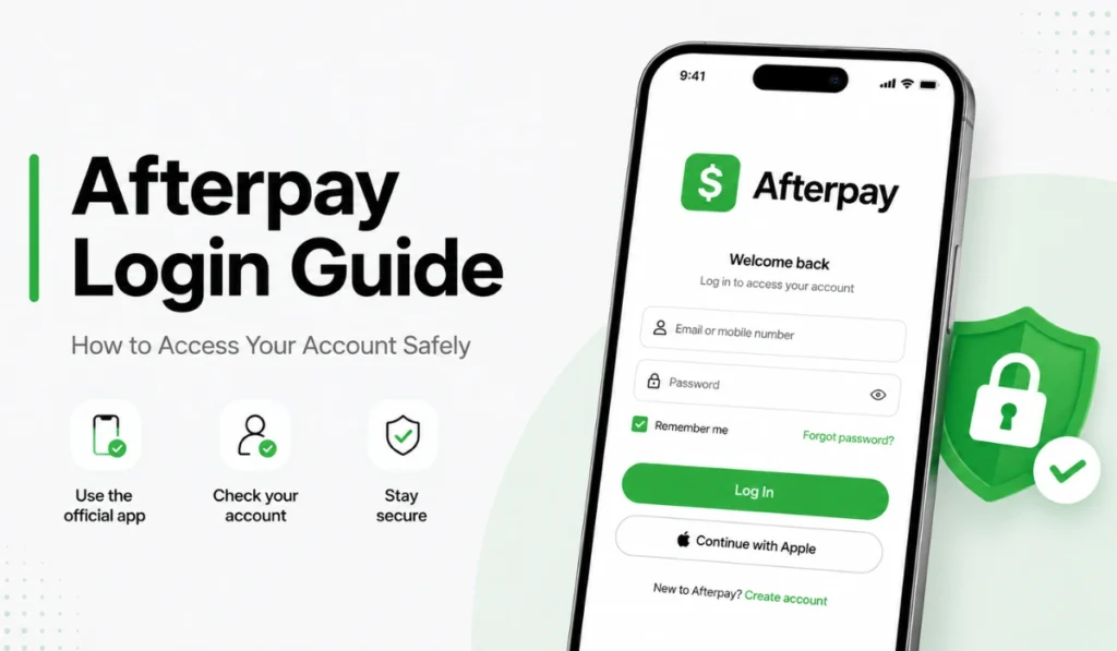 Afterpay login guide image showing phone login screen with secure access icons, official app reminder, and green shield protection.