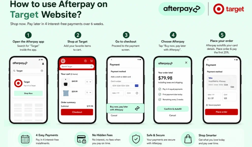 Step-by-step guide to use Afterpay on Target website for buy now pay later checkout.