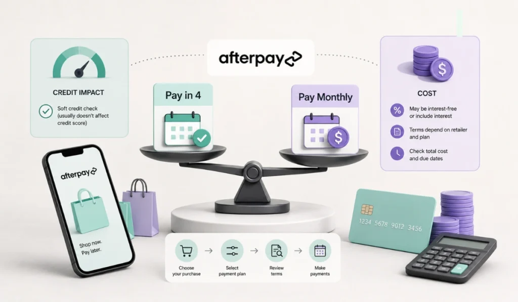 Afterpay Pay in 4 vs Pay Monthly infographic showing credit impact, costs, and payment comparison