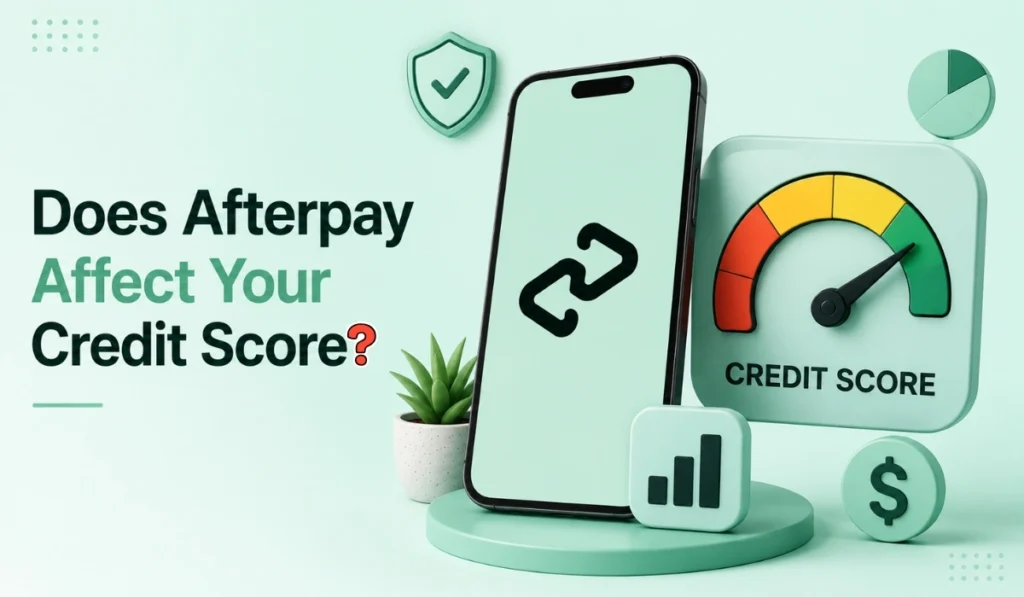 Afterpay credit score illustration with smartphone, financial icons, and credit meter on green background