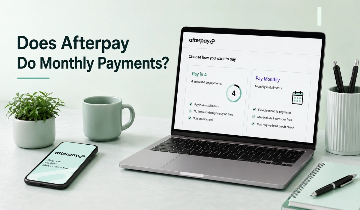 Afterpay monthly payments concept with laptop, smartphone, and Pay in 4 vs Pay Monthly options”