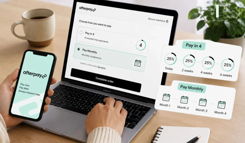 Afterpay monthly payments illustration showing Pay in 4 and monthly installment options on laptop and phone