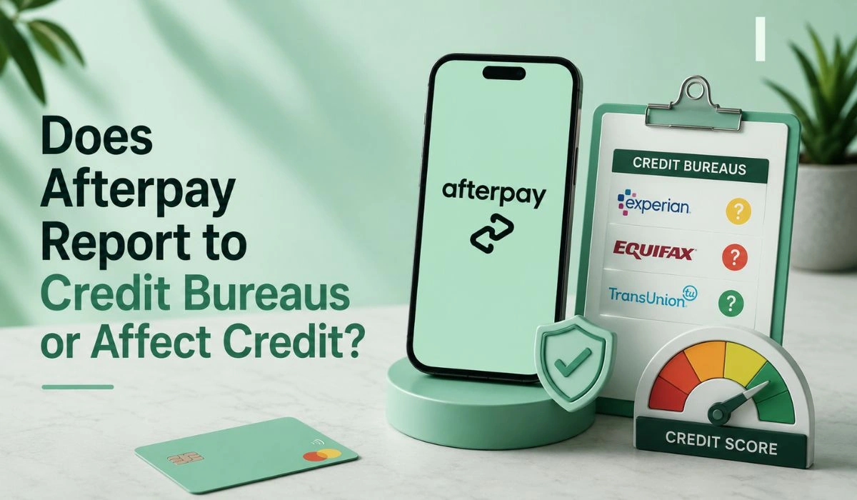 Afterpay credit bureau reporting illustration with smartphone, credit score meter, and financial icons