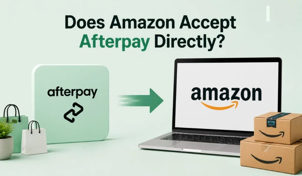 Afterpay and Amazon payment illustration showing Afterpay app connected to Amazon checkout