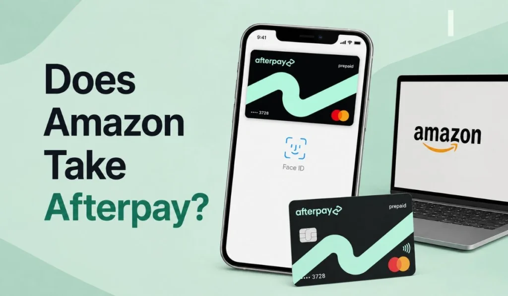 Amazon and Afterpay payment illustration with smartphone, Afterpay card, and Amazon checkout concept