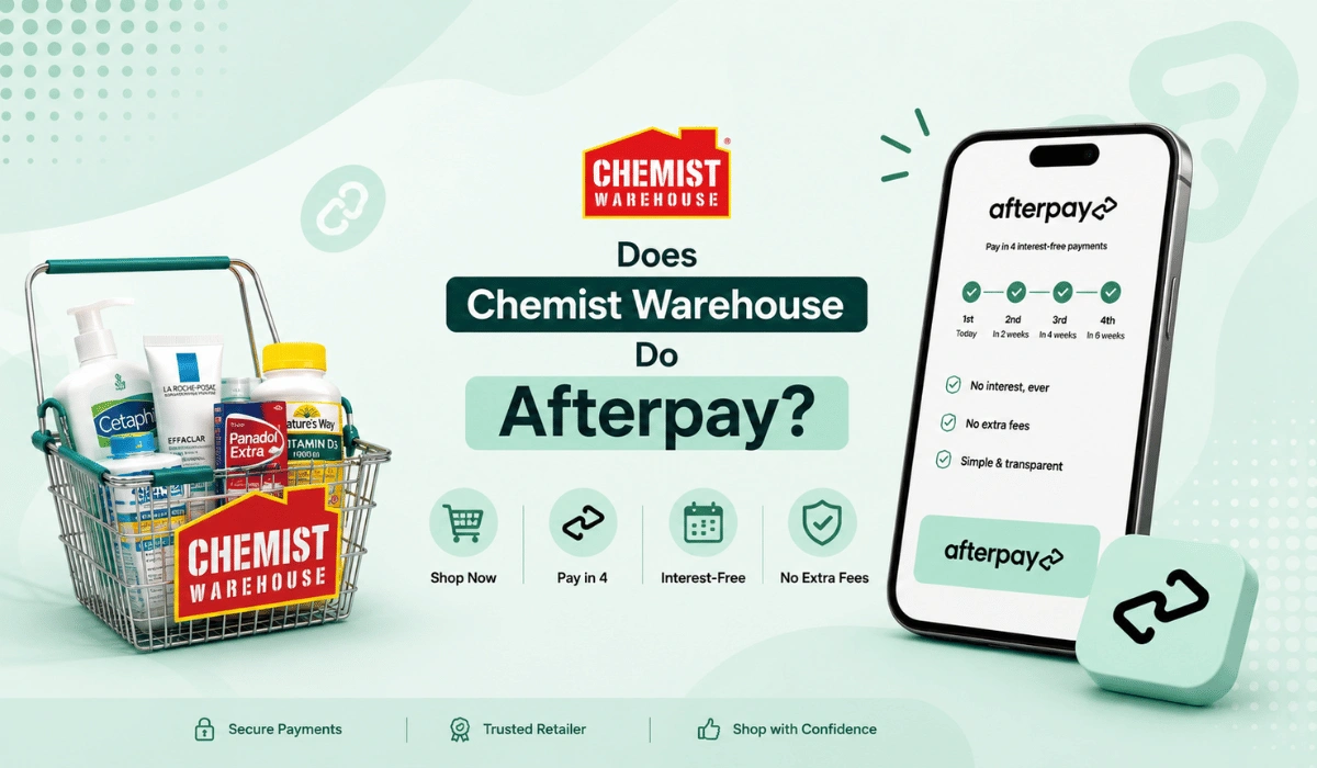 Image showing Chemist Warehouse products with Afterpay mobile checkout screen on a mint green background for flexible payment options