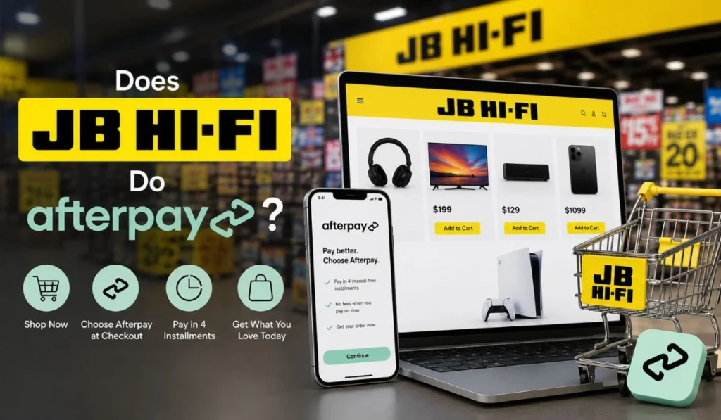 Featured image showing JB Hi-Fi online shopping with Afterpay payment option on phone and laptop inside an electronics store”