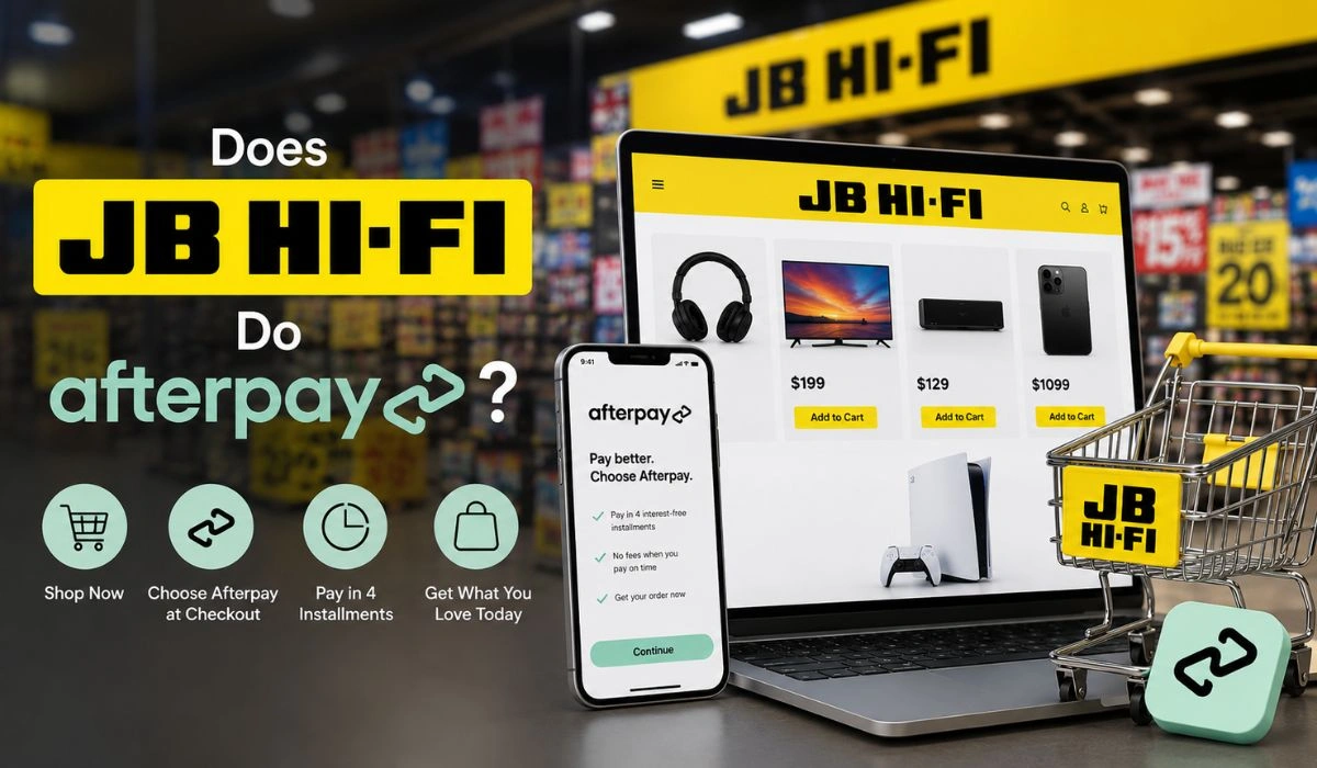 Featured image showing JB Hi-Fi online shopping with Afterpay payment option on phone and laptop inside an electronics store”