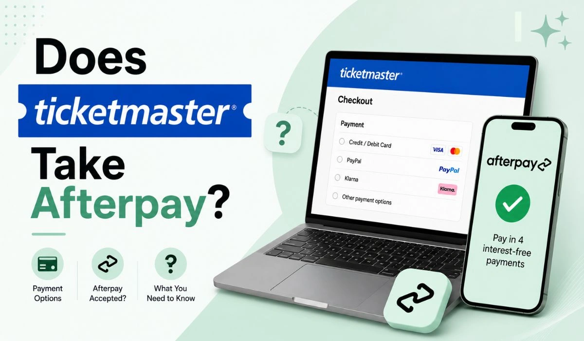 Image showing Ticketmaster checkout on a laptop and Afterpay payment option on a smartphone with mint green fintech-style background