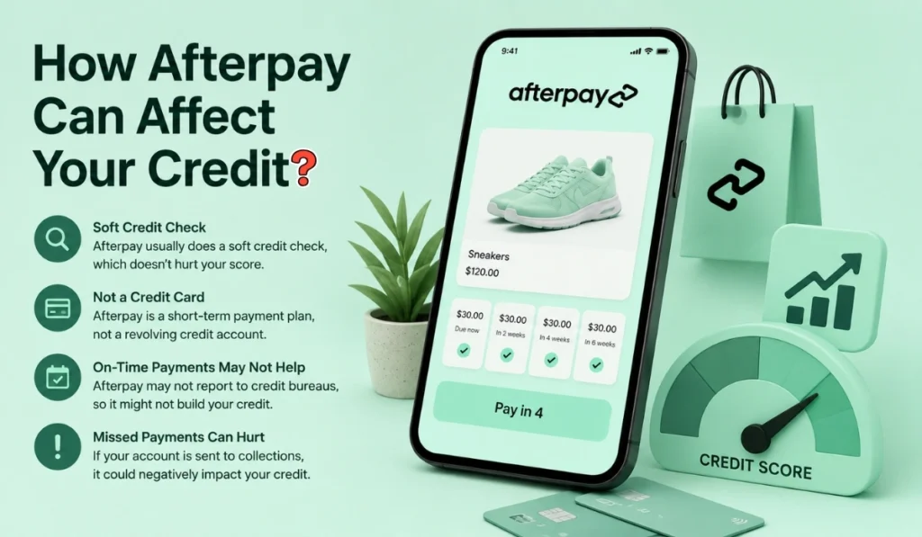 Afterpay credit impact infographic showing soft credit checks, installment payments, and credit score concepts