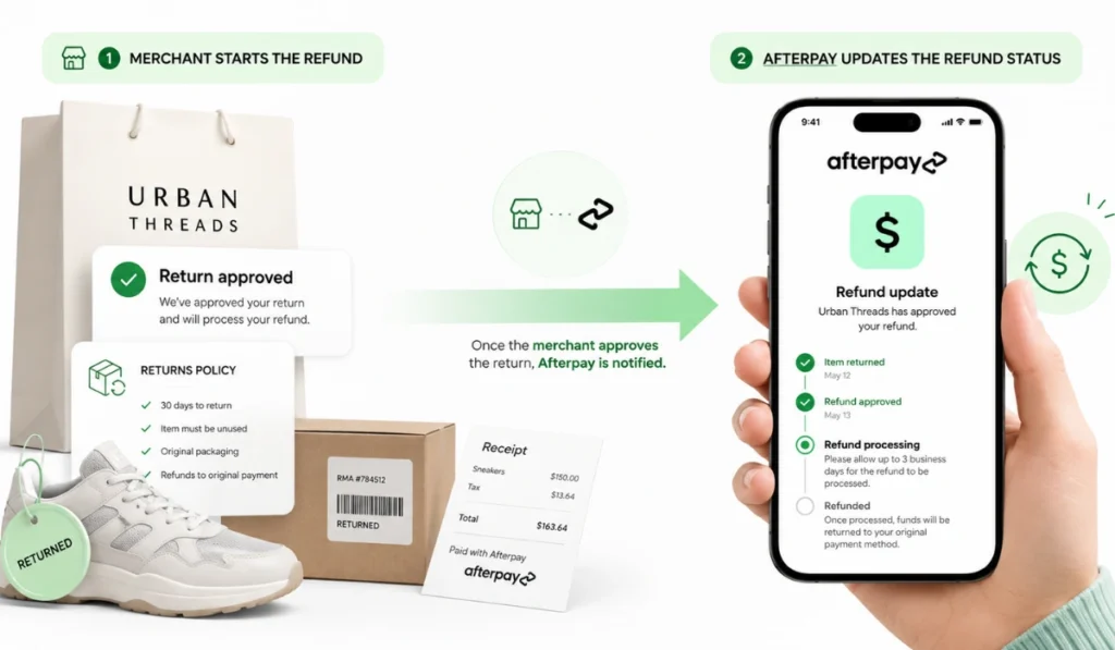 Afterpay refund process illustration showing merchant return approval, returned item, and refund status update in the app.