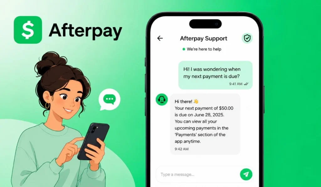 Cartoon customer using Afterpay app support chat on a green background, showing in-app help for payment and account questions.