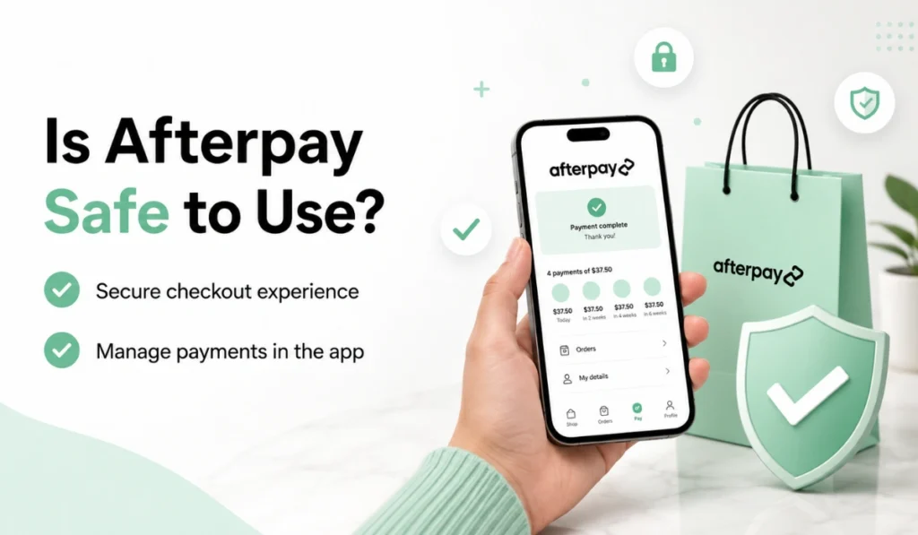 Afterpay safety illustration showing secure checkout, payment management in app, phone screen, shopping bag, and shield icon.