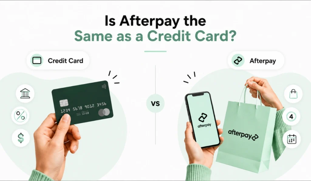 Comparison of credit card vs Afterpay showing a credit card on one side and Afterpay app with shopping bag on the other.