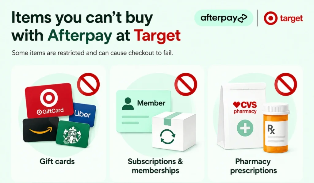 Afterpay restricted items at Target including gift cards, subscriptions, and prescriptions.