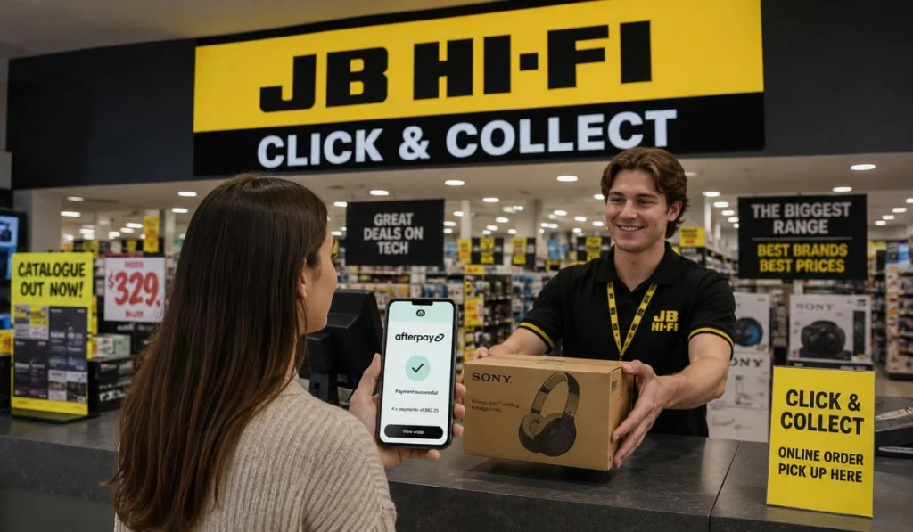 Customer using Afterpay for JB Hi-Fi Click & Collect order pickup inside an electronics store with online checkout confirmation on smartphone