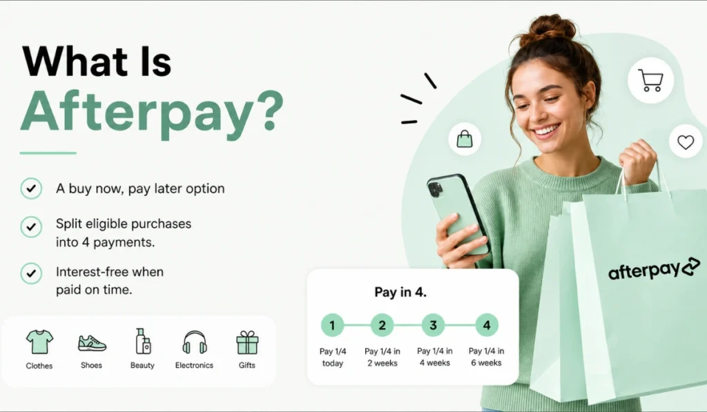 What is Afterpay buy now pay later payment option with Pay in 4 installments for online shopping