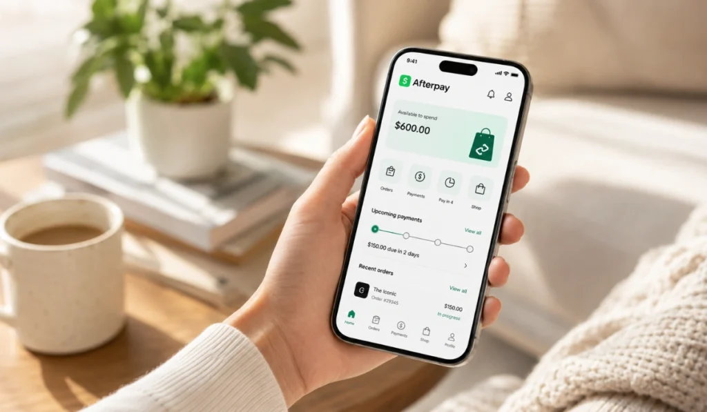 Hand holding phone with Afterpay app dashboard showing spending balance, payments, orders, and shopping options.