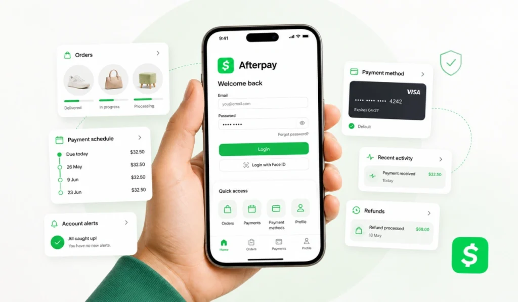 Hand holding phone with Afterpay login screen, surrounded by cards for orders, payments, refunds, alerts, and activity.