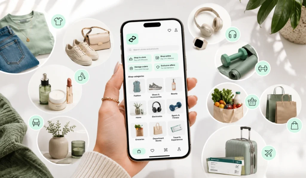 Hand holding phone with Afterpay app surrounded by fashion, beauty, home, electronics, groceries and travel items.