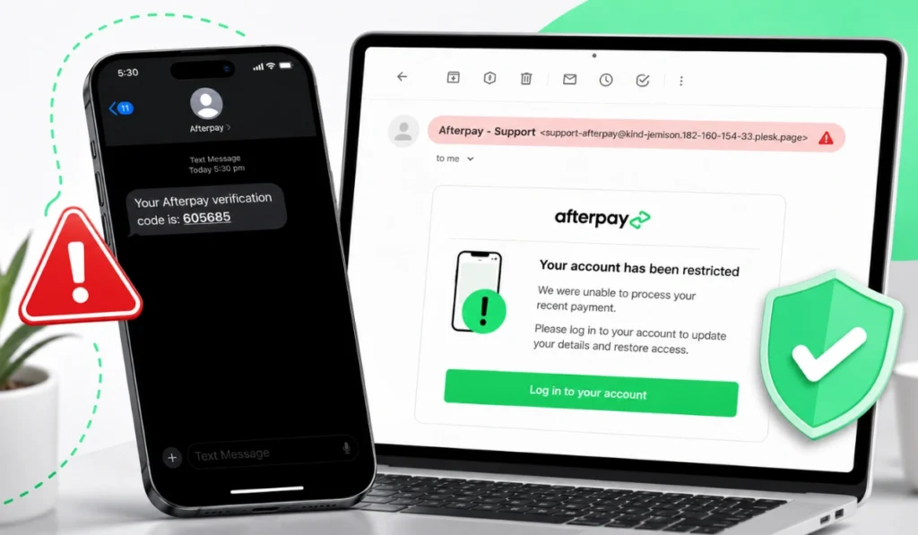 Afterpay text scam warning with suspicious phone message, fake email login screen, red alert icon, and green security shield.