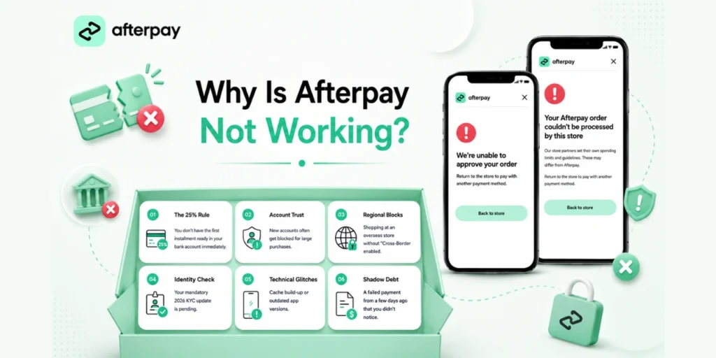 Infographic explaining common Afterpay payment errors with app screens, warning icons and troubleshooting tips