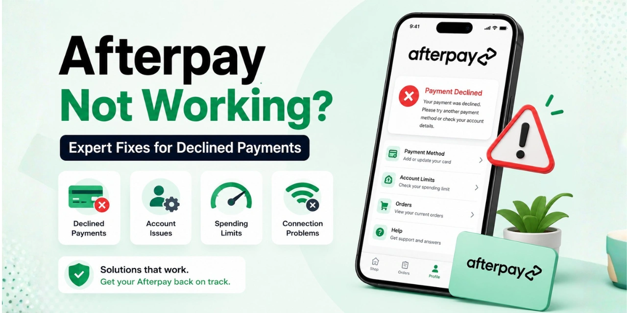 Afterpay payment declined illustration with troubleshooting icons and mobile app error screen