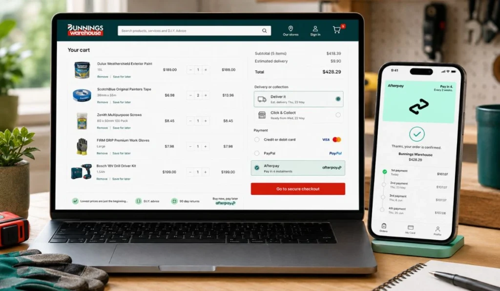 Laptop showing Bunnings online checkout with Afterpay selected, next to a phone displaying the payment schedule