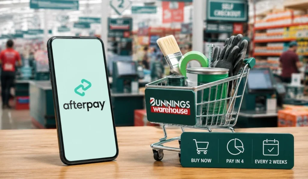 Bunnings shopping cart with DIY supplies beside an Afterpay phone screen showing buy now pay later payments